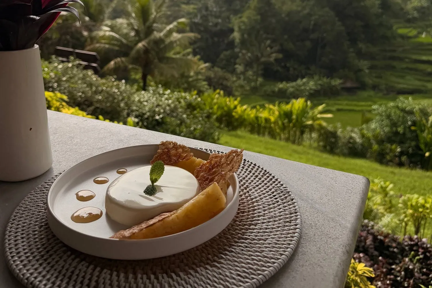 Un dolce su un tavolo affacciato sulle risaie verdi e le palme a Ubud, Bali.