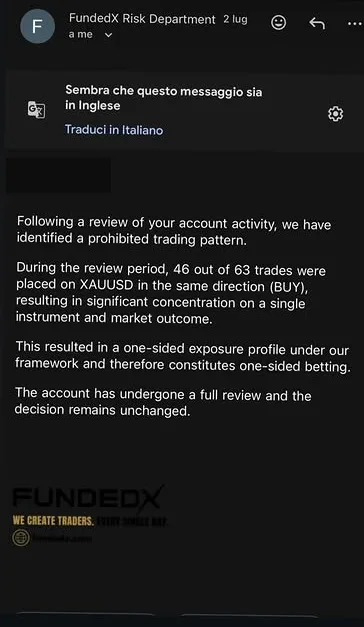 FundedX account termination email citing one-sided betting after 46 of 63 trades on XAUUSD.