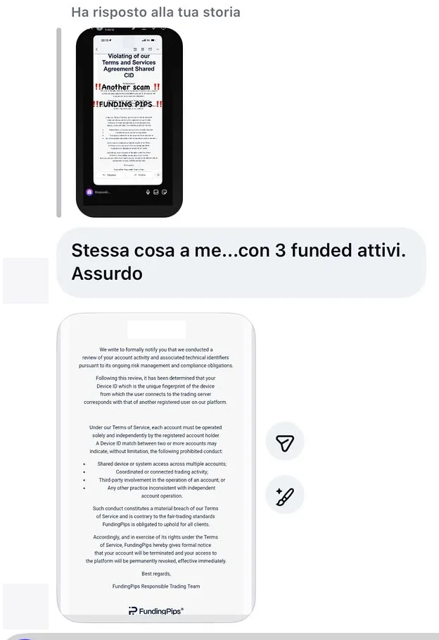 A trader with three funded accounts sharing the same FundingPips termination email for a Device ID match.