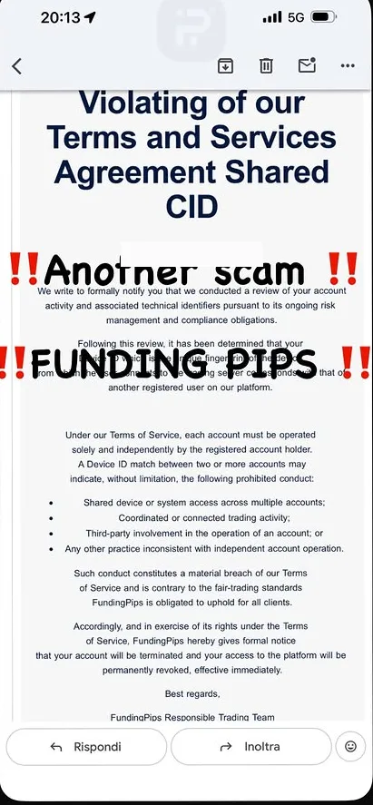 FundingPips account termination email citing a Shared CID and Device ID violation.