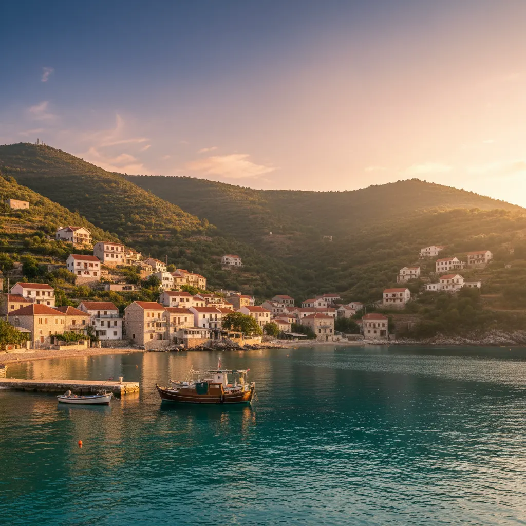 Un piccolo borgo costiero sulla Riviera albanese al tramonto, case sulla collina sopra una baia turchese con qualche barca da pesca.